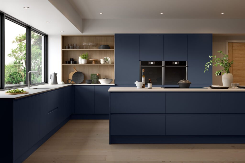 Jayline kitchen door design featuring modern handleless cabinets in bold colour