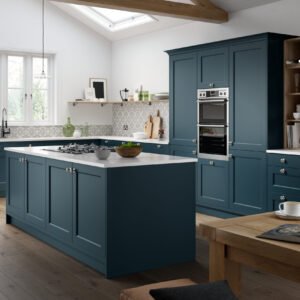 Thornbury kitchen door style with in-frame shaker cabinets and island seating