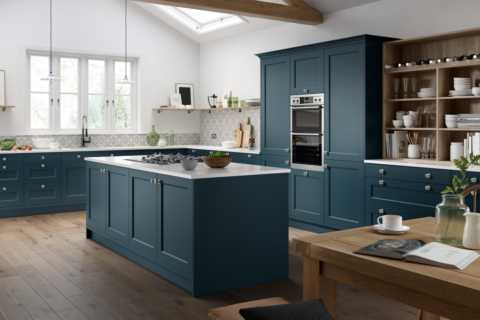 Thornbury kitchen door style with in-frame shaker cabinets and island seating
