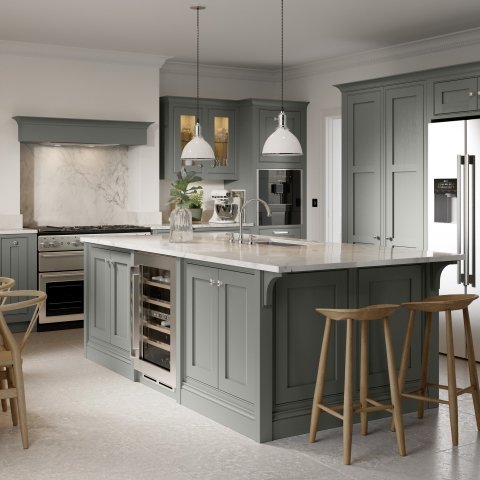 Clarendon kitchen door design with classic shaker cabinetry and island seating