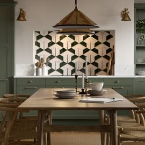 Crathorne kitchen door style with traditional shaker cabinets and feature tiles