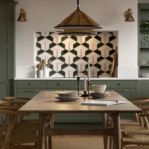 Crathorne kitchen door style with traditional shaker cabinets and feature tiles