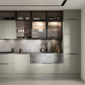Kitchen design showcasing feature glazed cabinets with integrated lighting