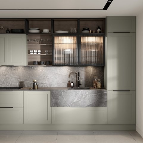 Kitchen design showcasing feature glazed cabinets with integrated lighting