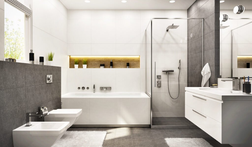 Modern bathroom installation style with walk-in shower, freestanding bath and contemporary fixtures