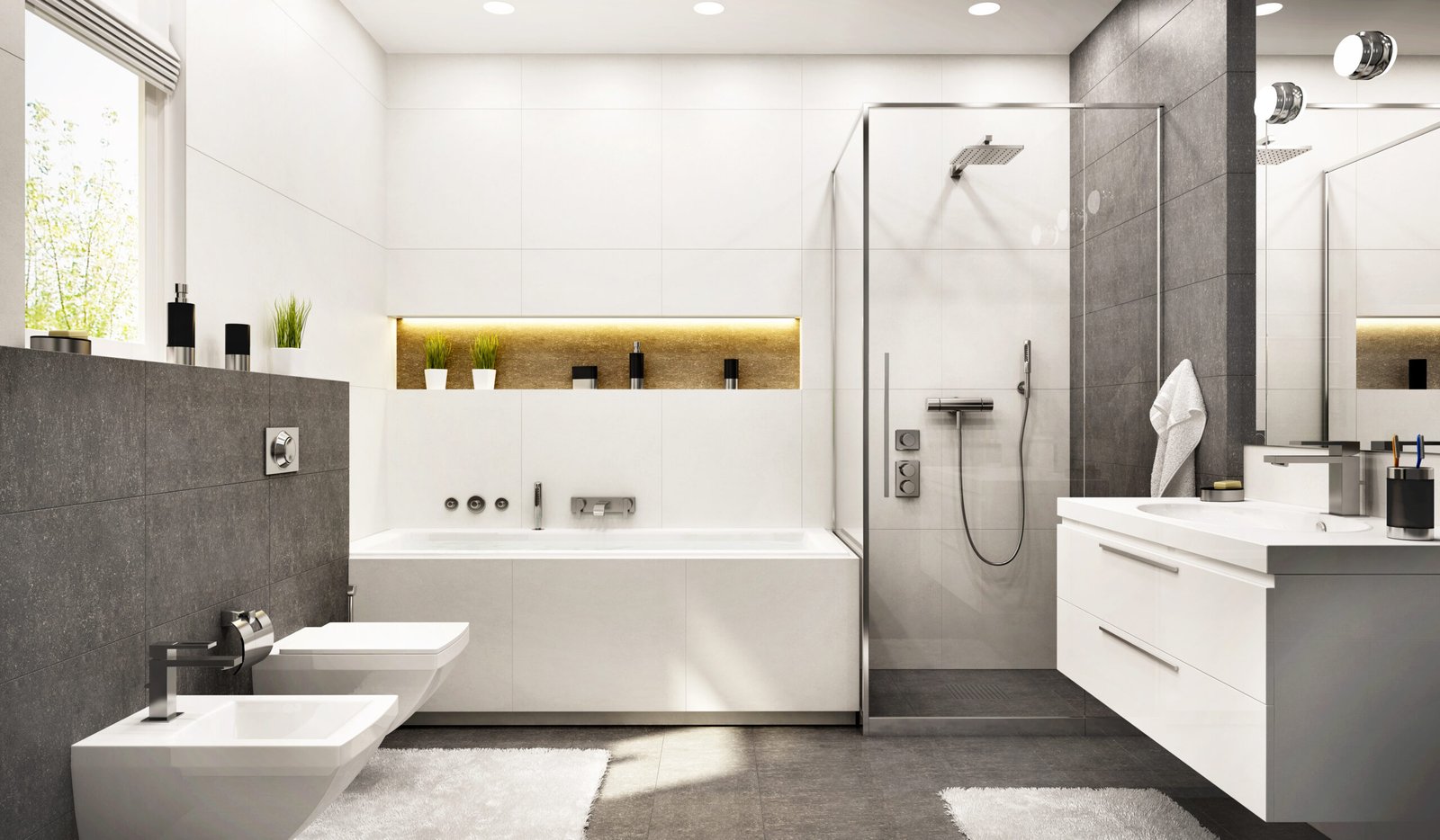 Modern bathroom installation style with walk-in shower, freestanding bath and contemporary fixtures