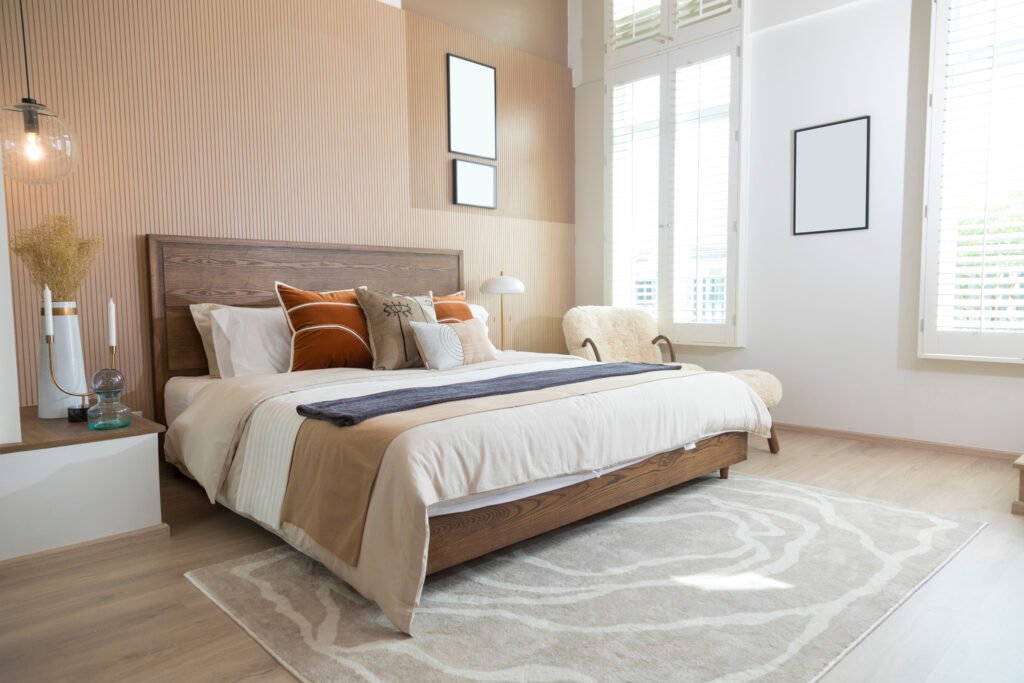 Bedroom renovation inspiration featuring fitted furniture, neutral decor and modern finishes