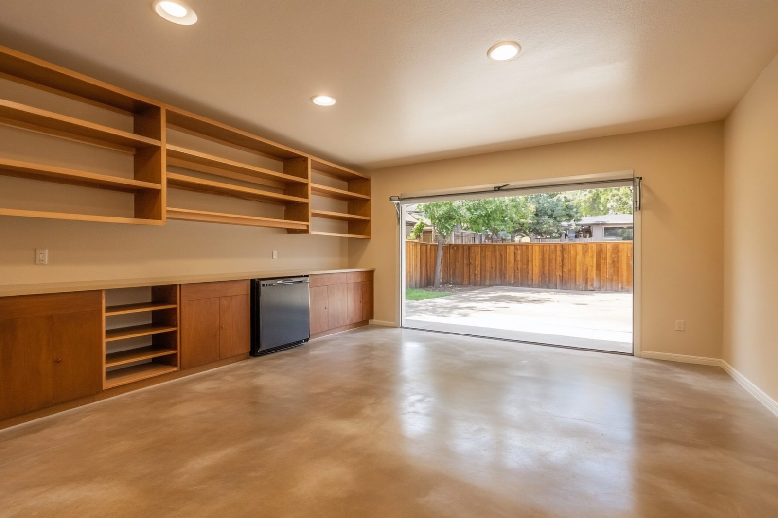 Spacious garage conversion with built-in cabinets, polished concrete floor, and large open door leading to backyard.